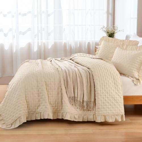 WONGS BEDDING Tagesdecke 220x240 Creme 3 Teilig mit 2 Kissenbezug 50x75 – Ansicht 4