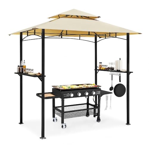 AECOJOY 8' x 5' Outdoor Grill Gazebo Canopy, BBQ Canopy for Outdoor Grill, 2- Tier BBQ Gazebo Shelter for Patio, Backyard and More (Beige)