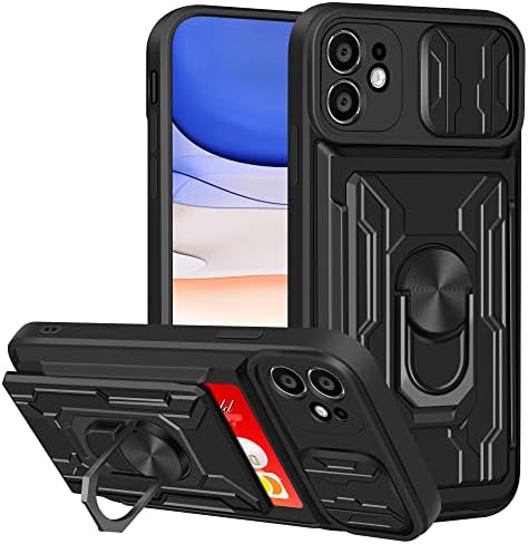 Aolcev for iPhone XR Case with Card Holder Slot Wallet Case with Slide Camera Cover Ring Kickstand Heavy Duty Hard PC Soft TPU Bumper Armor Shockproof Protective Case Cover for iPhone XR-Black