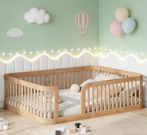 Image of Bellemave Full Size Floor Bed with Rounded Corners for Kids, Full Floor Bed with High Fence, Wooden Montessori Beds for Kids, Natural no slats