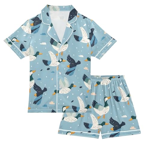 ALAZA Blue Duck Flying Pajamas Satin Pajama Set Short Sleeve Button Down Sleepwear