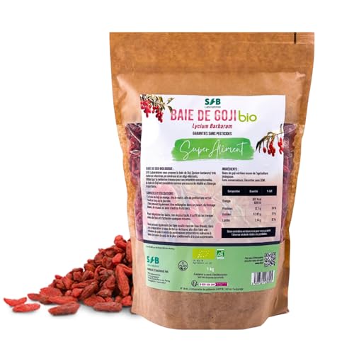 Baies de Goji BIO 1KG cueillies à la main au Tibet– Fruits 100% Naturels Séchés au Soleil - Superaliment Riche en Vitamines A, B, C, E – Source d'Antioxydants et Acides Aminés - SFB Laboratoires
