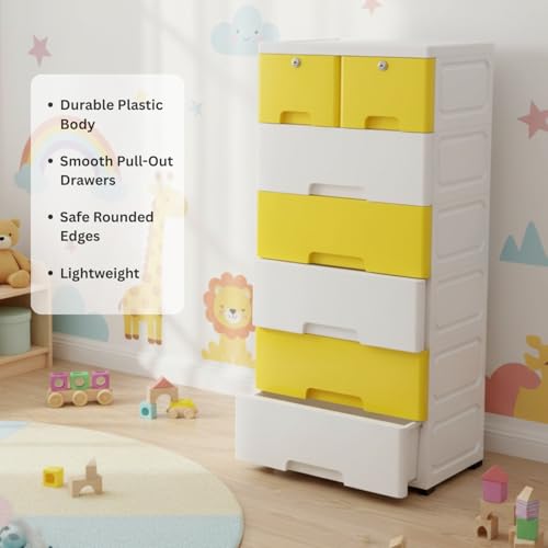 Image of The Tickle Toe 7-Drawer Plastic Kids Cabinet | Lockable Storage Organizer with 5 Big & 2 Small Drawers | Portable & Child Safe | 51L x 33W x 121H cm | Yellow & White