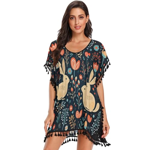 Cute Rabbit Flowers Heart Women's Beach Cover Up Chiffon Tassel Swimwear Swimsuit Coverups for Girl