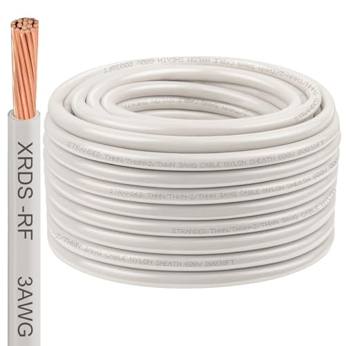 Image of XRDS -RF 3AWG THHN Electrical Wire 100FT - Stranded Bare Copper Conductor with PVC and Nylon Insulation, Heat and Oil Resistant Cable for Indoor & Outdoor Wiring