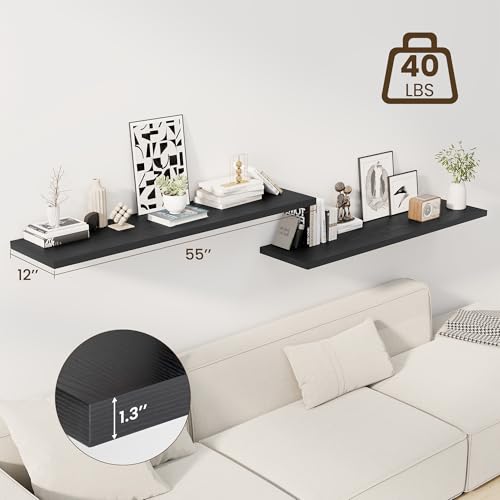 Image of Dreamland 55 inch Floating Shelves for Wall, 12 inch Deep Slim Black Floating Shelves, Wall-Mounted Shelves for Bedroom, Living Room, Kitchen, Bathroom - Set of 2