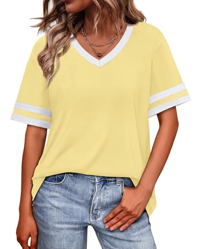 Image of WIHOLL Womens T Shirts Loose Fit Short Sleeve Tees V Neck Color Block Summer Tops 2026 Fashion S-4XL
