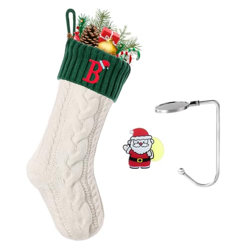 Christmas Stockings with Initials, Personalized Embroidered Monogram 18 Inches Knitted Christmas Stockings Fireplace Xmas Stockings for Kids,Family Holiday Party Decoration White Green Letter B
