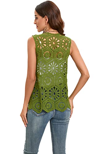 Women's Crochet Vest Sleeveless Boho Lace Cardigan (Geometry Olive)2