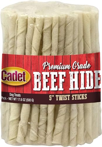 Cadet Premium Grade Beef Hide for Dogs Long Lasting Rawhide Twist Chew Sticks Natural Dog Chews 5 Inch Dog Bones (100 Count)