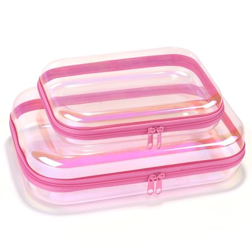 Toiletry Bag,Water Resistant Cosmetic Organizer for Bathroom,2 Pcs Quart Size Clear Iridescent Hard Shell Zipper Case for Toiletries,Portable Storage for Women girls,Travel Essentials