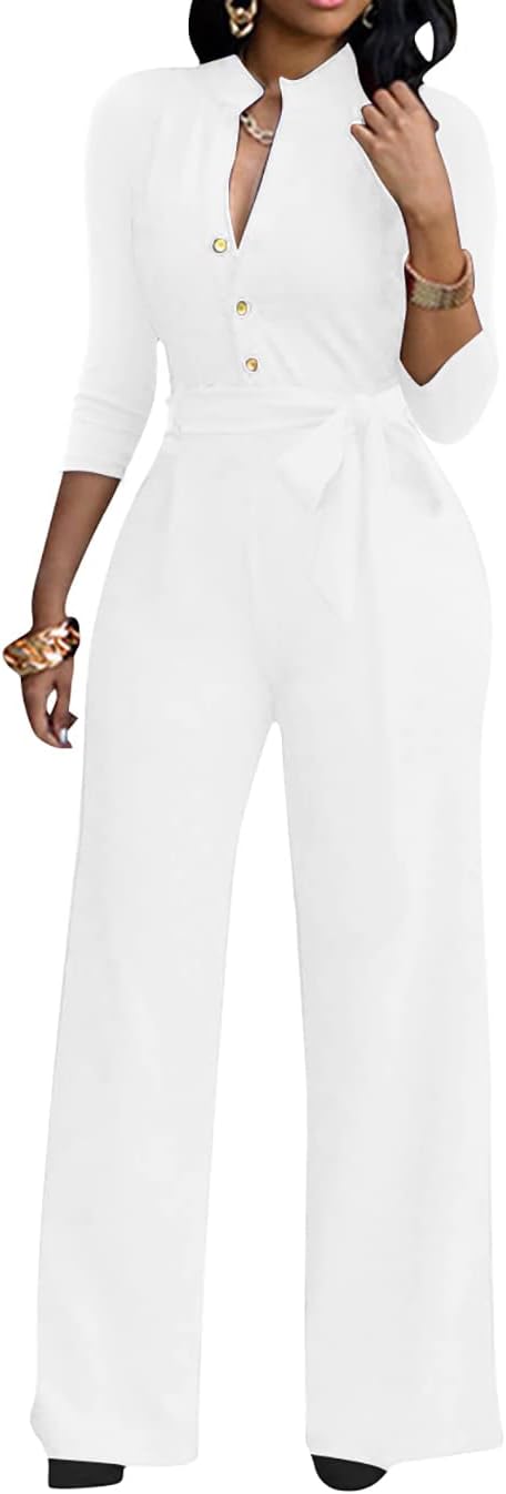 LalaLin Sexy 3/4 Sleeve Jumpsuit for Women V Neck High Waisted Long Wide Leg Pant Button Down Party Romper with Belt White