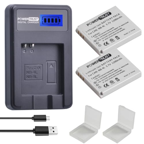 PowerTrust 2-Pack 1200mAh 3.7v NB-4L Battery and LCD USB Charger for Canon PowerShot ELPH 100 HS 300 HS 310 HS SD1000 SD1100 is SD1400 is SD200 SD30 SD300 SD40 SD400 SD600 SD750 SD780 is
