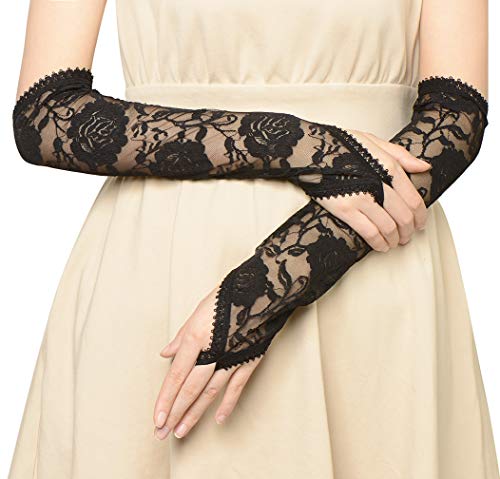 Babeyond LACEGLOVEFINGERLESS-BLACK Floral Lace Gloves For Wedding Opera Party 1920S Flapper Lace Gloves Stretchy Adult Size thumb #2