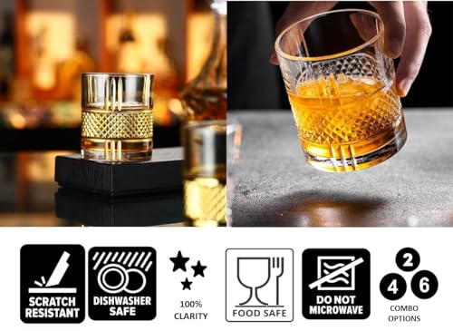 Image of Whiskey Glasses Set of 6 pcs- 300 ml Bar Glass for Drinking Bourbon, Whisky, Scotch, Cocktails, Cognac- Old Fashioned Cocktail Tumblers (6, Crystal)