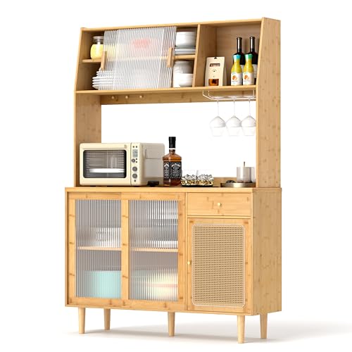LOKO 69” Tall Bamboo Pantry Cabinet with Hutch, Kitchen Buffet Sideboard with Tempered Glass & PE Rattan Doors, Microwave Shelf, Glass Holder, Floor Cupboard Wine Bar Cabinet, Natural