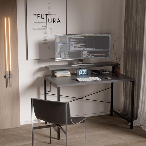 Image of Pamray 32 Inch Small Computer Desk with Monitor Stand, Simple Office Desk with Headphone Hook for Small Spaces, Kids Study Writing Table for Bedroom, Grey