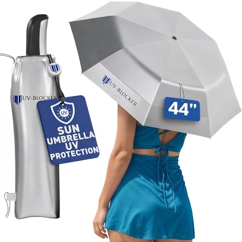 UV-Blocker Sun Umbrella UV Protection Travel - Auto Open - Double Vented Canopy - Wind-Resistant Sun Umbrella for Walking - 55+ UPF - 44'