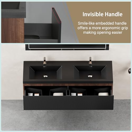 Image of Wall Mounted Bathroom Sink Vanity, Modern 60 inch Floating Vanity with 2 Resin Top Basins and 2 U-Shaped Soft-Close Storage Drawers, Striped Bathroom Storage Cabinet with Invisible Handle, Black