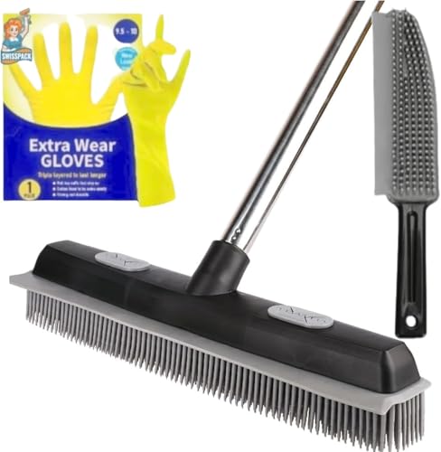SWISSPACK Broom Indoor Sweeping Broom Brush with Long Handle, Kitchen Broom Indoor Floor Brush with Dense Soft Bristles Brooms Perfect for Sweeping Room All Areas-indoor 2 (Black/Grey Rubber Brush)