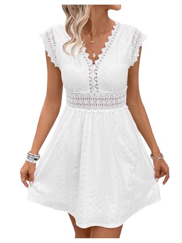 SweatyRocks Women's Hollow Out Cap Sleeve V Neck Eyelet Lace Mini Dress Beach Dresses