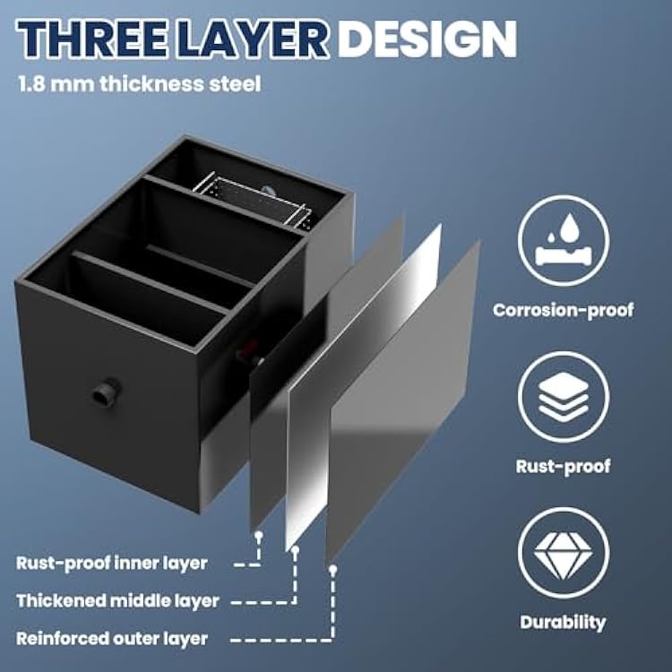 Grease Trap, 20.32 GPM Grease Interceptor, 50 LBS Carbon Steel Under Sink Interceptor, Commercial Interceptor for Home Kitchen, Canteen, Restaurant, Coffee Shop, Free Returns! (30LBS/11.32GPM)