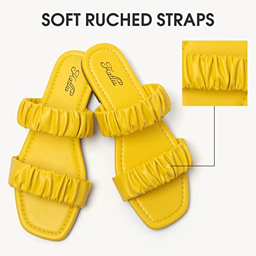 Katliu Women's Flat Sandals Square Open Toe Slide Sandals With Two Ruched Straps Yellow #TOP4