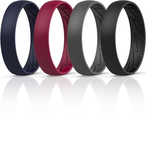 Image of ThunderFit Silicone Rings Wedding Bands for Men & Women, Unisex Rubber Engagement Bands - 1 & 4 Variety Multipack