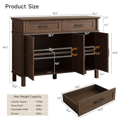 Image of ONBRILL 48 Inch Buffet Cabinet with Storage, Farmhouse Sideboard Buffet w /2 Drawers and 3 Doors, Wood Coffee Bar Cabinet with Adjustable Shelves, Sideboard Storage for Kitchen, Living Room, Brown