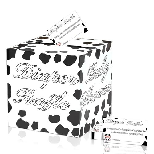 QISOLIY 50 Pieces Cow Baby Diaper Raffle Tickets with Box Baby Shower Game Invitations Cow Diaper Raffle Cards Diaper Raffle Box Set for Baby Shower Gender Reveal Farm Animal Party Supplies Card Box