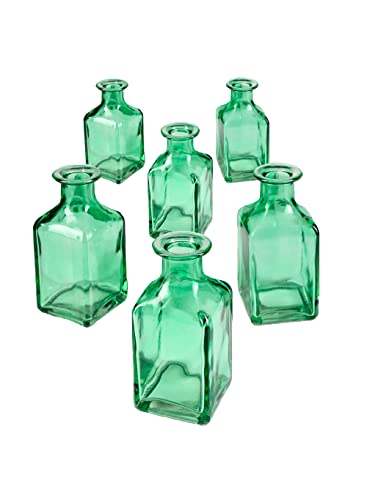 Serene Spaces Living Set of 6 Green Glass Bottle Bud Vases, Vintage Square Bottle Style - Elegant Vases, Decorative Glass Centerpiece for Wedding Reception, Home Decor, Measures 2