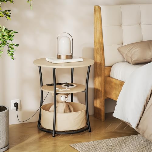HOMCOM Mesa Auxiliar Redonda de 3 Niveles con Estación de Carga, Mesita Auxiliar Industrial con 2 Estantes Abiertos, Bolsa de Almacenaje, para Salón, Dormitorio, Librería, Ø50x55,1 cm, Madera Natural - imagen 8