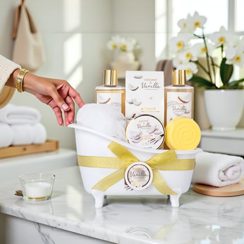Image of Mothers Day Gifts for Women and Men - 8-Piece Bath Kit Coconut Vanilla Bath & Body Gift Set for Women Self Care Spa Gift Baskets | Perfect Gifts for Mom, Birthday Gift, All Occasion Holiday Present