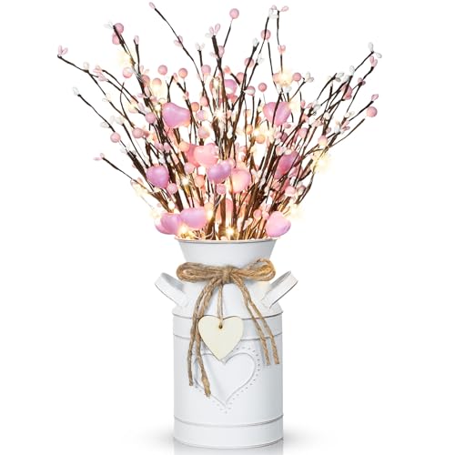 Umigy 2 Pcs Valentine's Day Pink Artificial Plants Heart Berry Stems with Retro Vase LED light Valentines Day Floral Picks Flowers Twig Heart Bunch Berry Centerpiece for Wedding Anniversary Home Decor