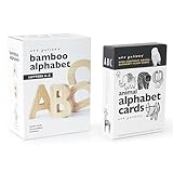 Wee Gallery Bamboo Alphabet and Educational Flashcards for Babies, Wooden Blocks and Letter Cards Set, Toys for Toddler, Preschool Age Kids, Boy or Girl, Learn to Read, Trace, Build and Sort
