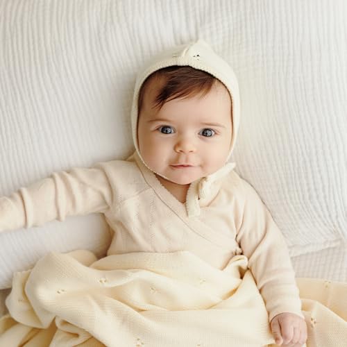 Image of 100% Luxury Organic Cotton Pointelle Knit Baby Blanket - Refined Lightweight Heirloom Nursery Essential (Pointelle - Butter Cream)