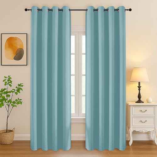 Image of Simplebrand Aqua Curtains for Bedroom Living Room 90 Inches Long 2 Panels Set, Room Darkening Thermal Insulated Curtains & Drapes, Solid Grommet Noise Reducing Window Treatment, W50 x L90 Inch
