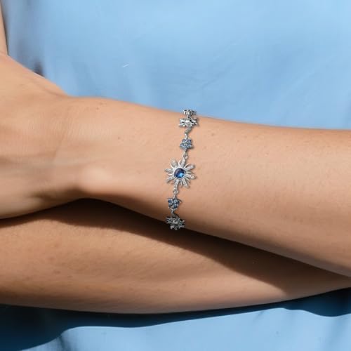 BXDA Silver Sun Crystal Royal Blue Birth Stone Flower Link Bracelet for Woman, Dainty Adjustable CZ Rhinestone Floral Star Box Chain Bracelets Prom Jewelry Accessories Gift by BXDA - Used condition - Image 2