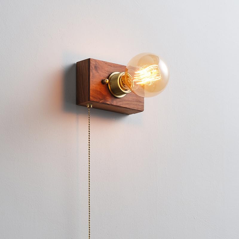 Holz Wandlampe Innen mit Zugschalter Wandleuchte E27 Lampe mit Schalter Vintage Industrial Bettlampe Nachtlicht für Schlafzimmer, Wohnzimmer, Treppen, Korridor, Restaurant(ohne Leuchtmittel)