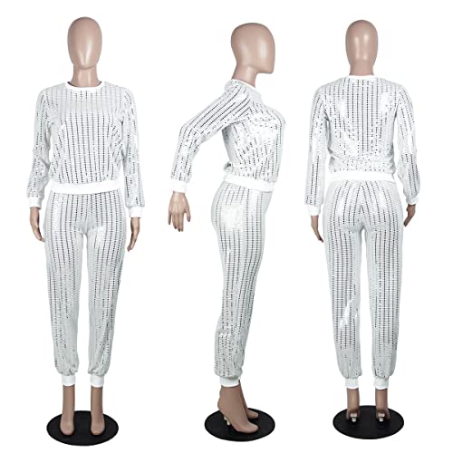 Womens Tracksuits Set Sweatsuits Shiny Round Neck Pullover And Bodycon Sweatpants Jumpsuits #TOP3
