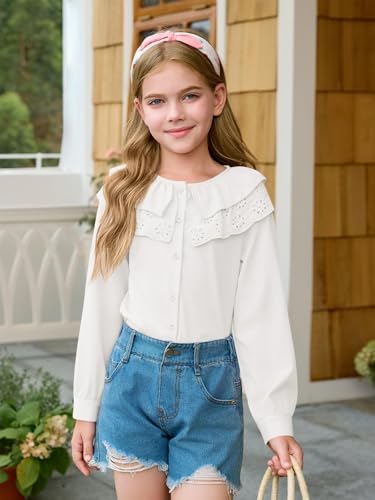 Girls Eyelet Ruffle Collar Blouse Kids Long Sleeve Button Down Shirt Cute Uniform Tops 5-14 Years2