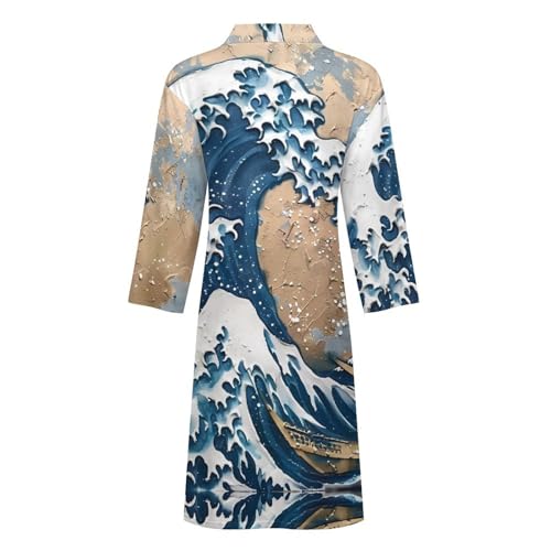 The Great Wave of Kanagawa Art Men's Bathrobes Soft Long Robe Lightweight Nightgown Sleepwear Loungewear4