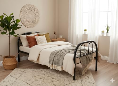Zamart Furniture Round Steel Single Bed | Black Metal Frame Cot | Strong & Durable Bed for Home Hostel. Perfect for adults teens and children | Space Saving Single Size Bed (L190 x W90 x H75) cm