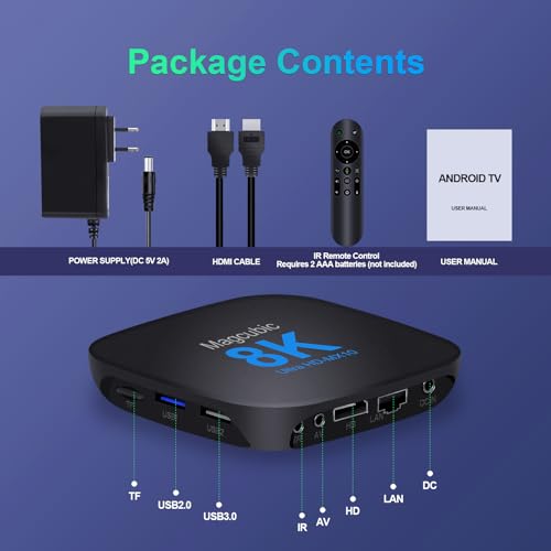 TV Box Android 13.0 4GB 32GB Compatibile con 8K 6K 2.4G e 5.0G WiFi, Android TV Box con chipset RK3528 HDR10 VP9 BT5.0 USB 3.0 e 2.0 3D Ethernet con Telecomando Vocale