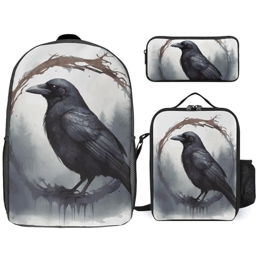 Black Crow Backpack Set Lightweight Bag Lunch Box Pencil Bags for Women Men Bookbags 3 in 1
