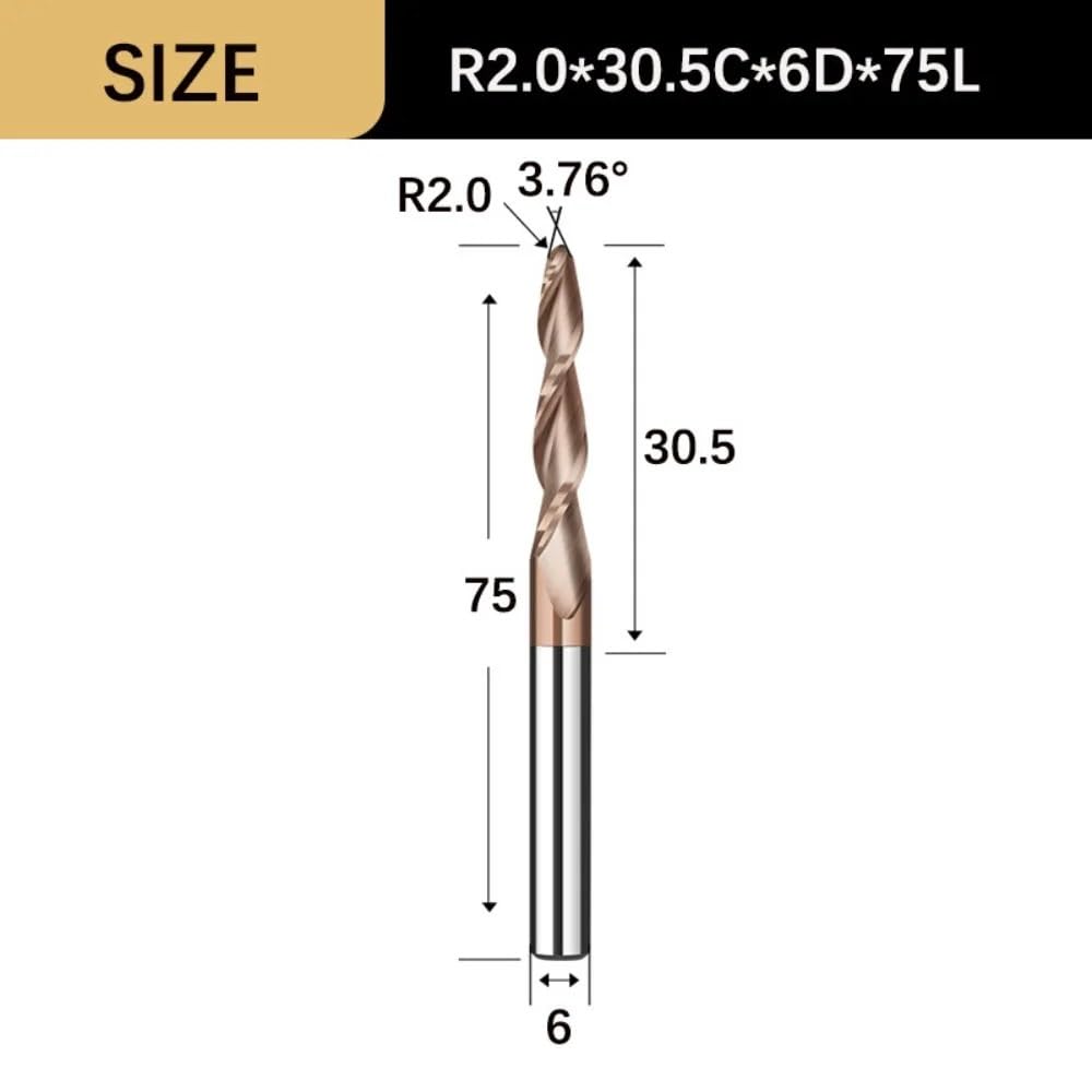 Frez stożkowy spiralny, frezy z końcówką kulistą 3,175/4/6 mm, frez z 2 rowkami z węglika wolframu do obróbki metalu i drewna, 1 szt.(R2.0x30.5Cx6Dx75L)