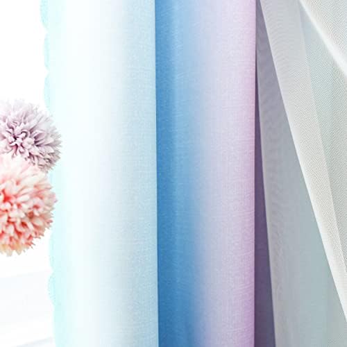 Star Curtain Blackout Curtains for Kids Girls Bedroom Living Room Double Layer Stars Curtains Elegant Drapes Star Window Curtain with Net Sheers, 2 Panels (Blue Purple, 52" W x 63" L)