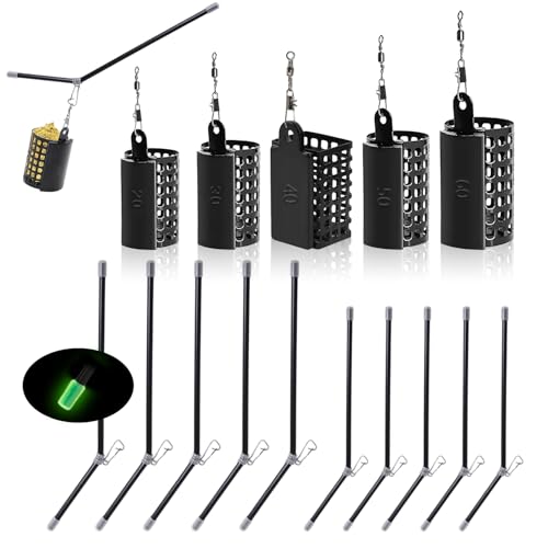 Set da 15 Pezzi Pasturatore Pesca Feeder Pasturatore Pesca Cestello di Alimentazione 20/30/40/50/60 g Asta in Plastica Anti-Groviglio 20/22 cm Adatto per Fiumi, Mari, Laghi e Altri Specchi d'Acqua
