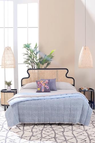 Image of Patio Rattan Solid Mango Wood Queen Size Bed - Without Storage Cot - Black Matt Finish - Mattress Size: 60 x 78 Inches - Palang for Bedroom or Hotel