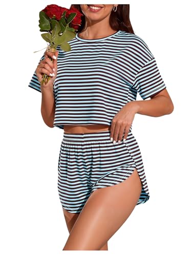 Image of OYOANGLE Womens Pajama Sets 2 Piece Sexy Lounge Sets Summer Cute Pjs Striped Print Tee and Side Split Shorts Set